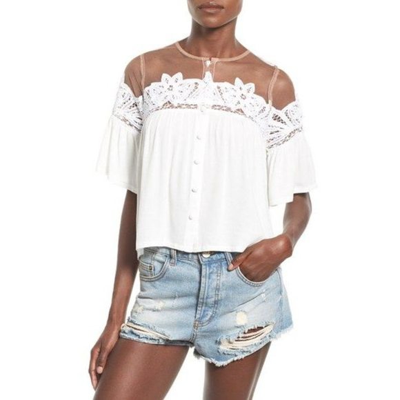 FOR LOVE & LEMONS White Lace Mesh Carmine Blouse L - Picture 12 of 15